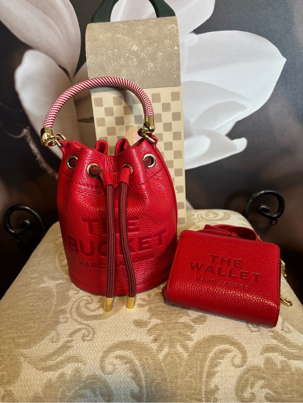 Marc Jacobs Red Pebbled Leather Mini Bucket Bag with Matching Wallet